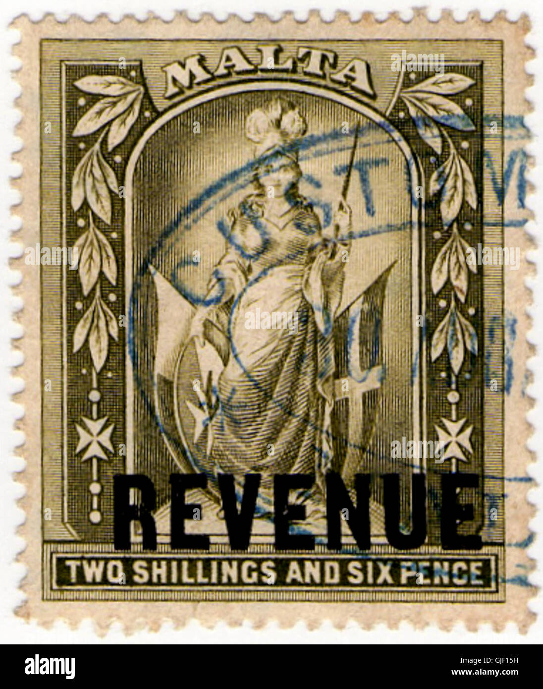 1902 2s6d Olive-Green revenue stamp of Malta Stock Photo