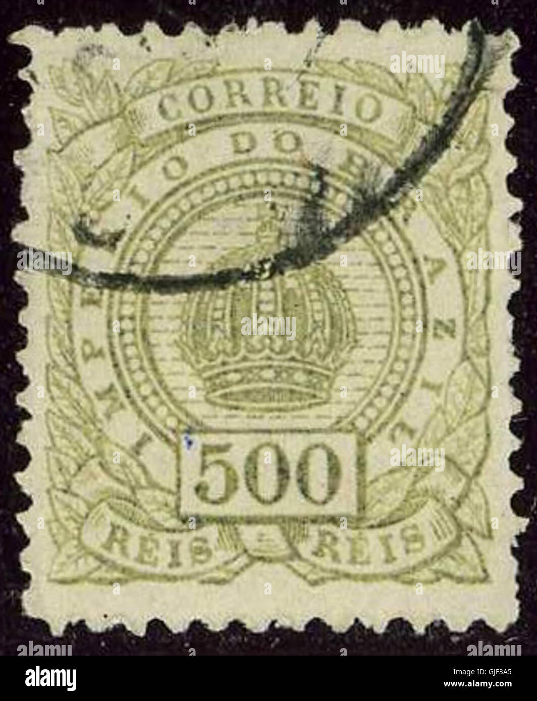 The 1887 Brazil 500R stamp, Yv 65 and Mi 64, features a portrait of the Brazilian Emperor Dom Pedro II. This stamp was part of the series commemorating Brazil’s imperial period. Stock Photo