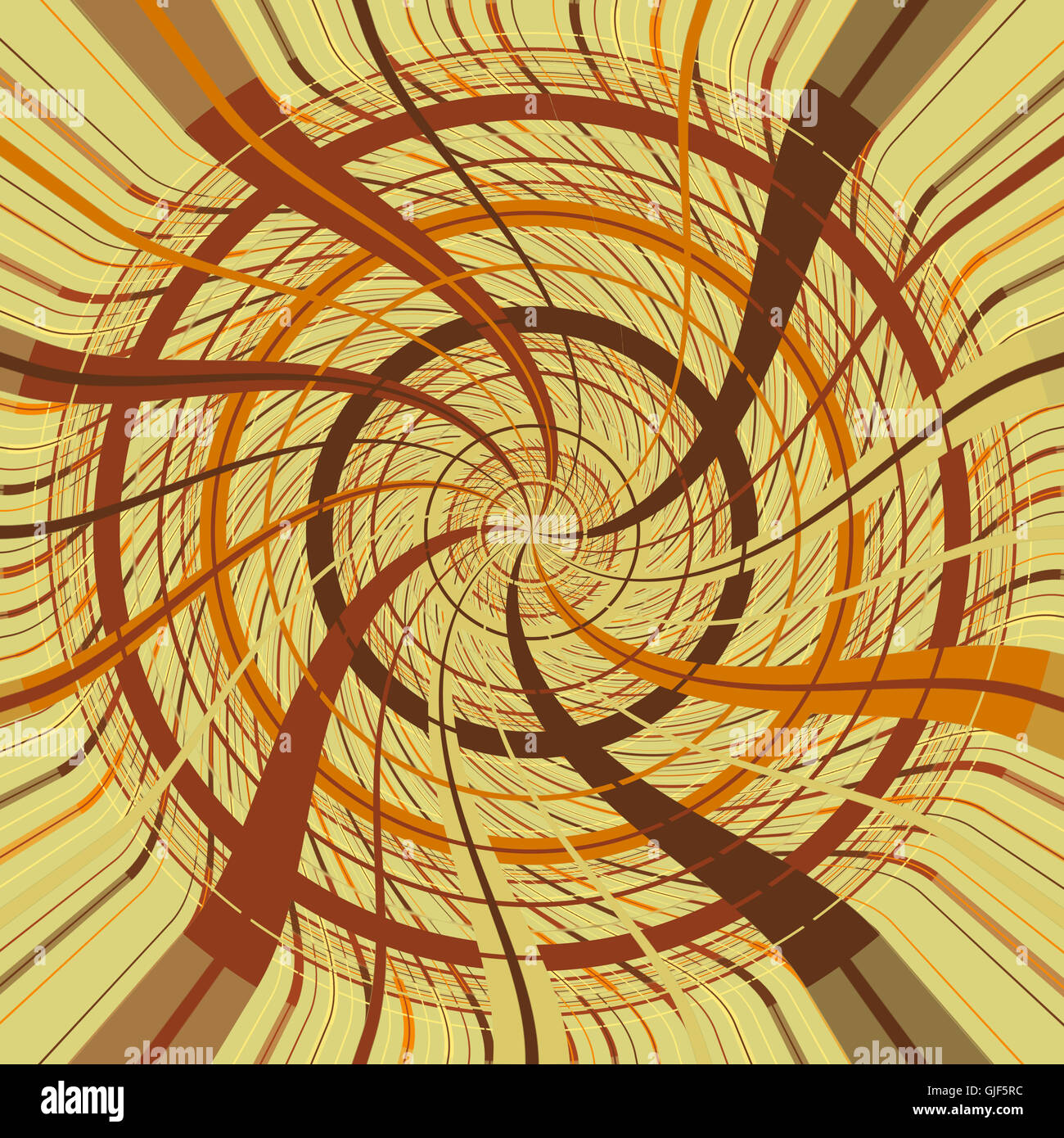 Vortex made with brown and orange lines on a tan background. Geometric digital art. Stock Photo