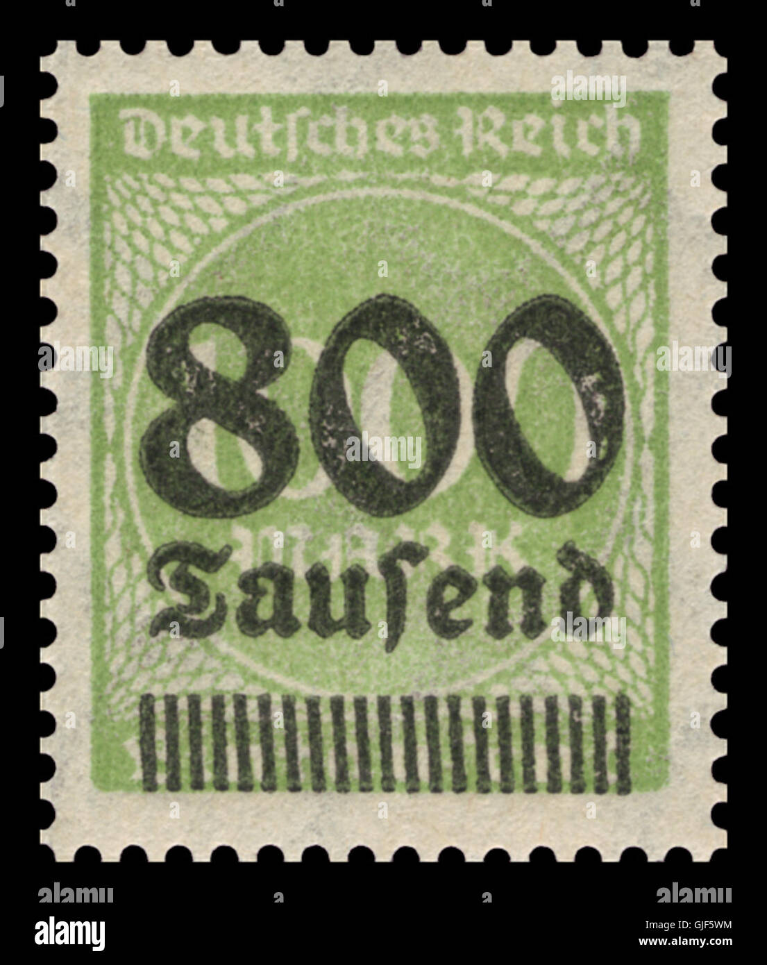 The DR 1923 308A stamp shows numbers inside a circle, part of the German Weimar Republic series. This stamp carries an inscription that was commonly used during the early 1920s, a unique design feature of the period. Stock Photo