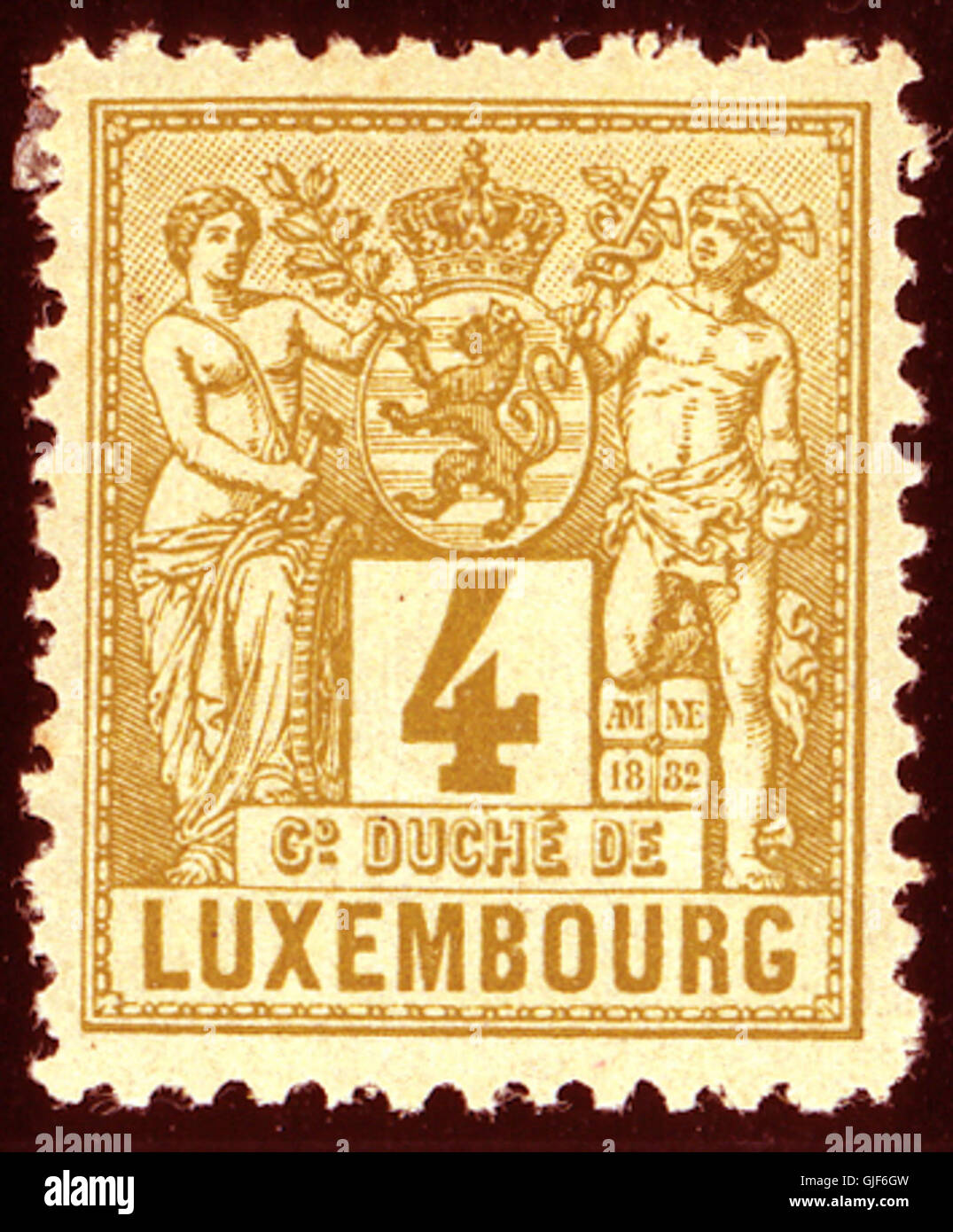 The 1882 Luxembourg 4c Jaune-olive stamp (Yv 49) is a rare and historic issue, featuring the Grand Duchy’s coat of arms. It is a significant piece in Luxembourg’s early stamp production. Stock Photo