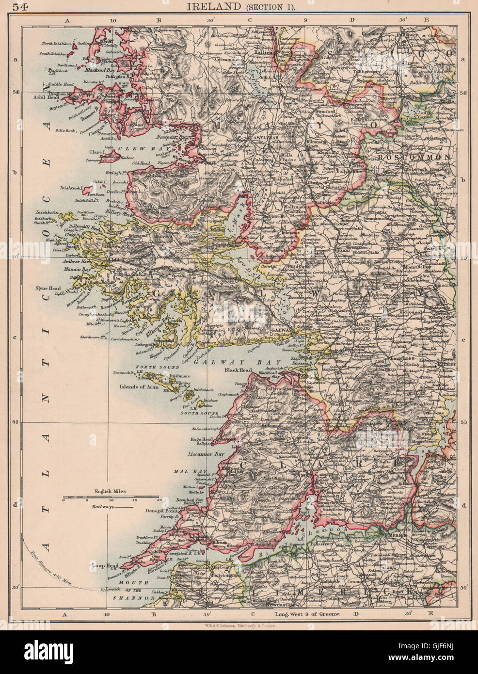 Map Of Galway And Clare Ireland West Coast. Galway Mayo Clare. River Shannon. Johnston, 1906 Old Map  Stock Photo - Alamy