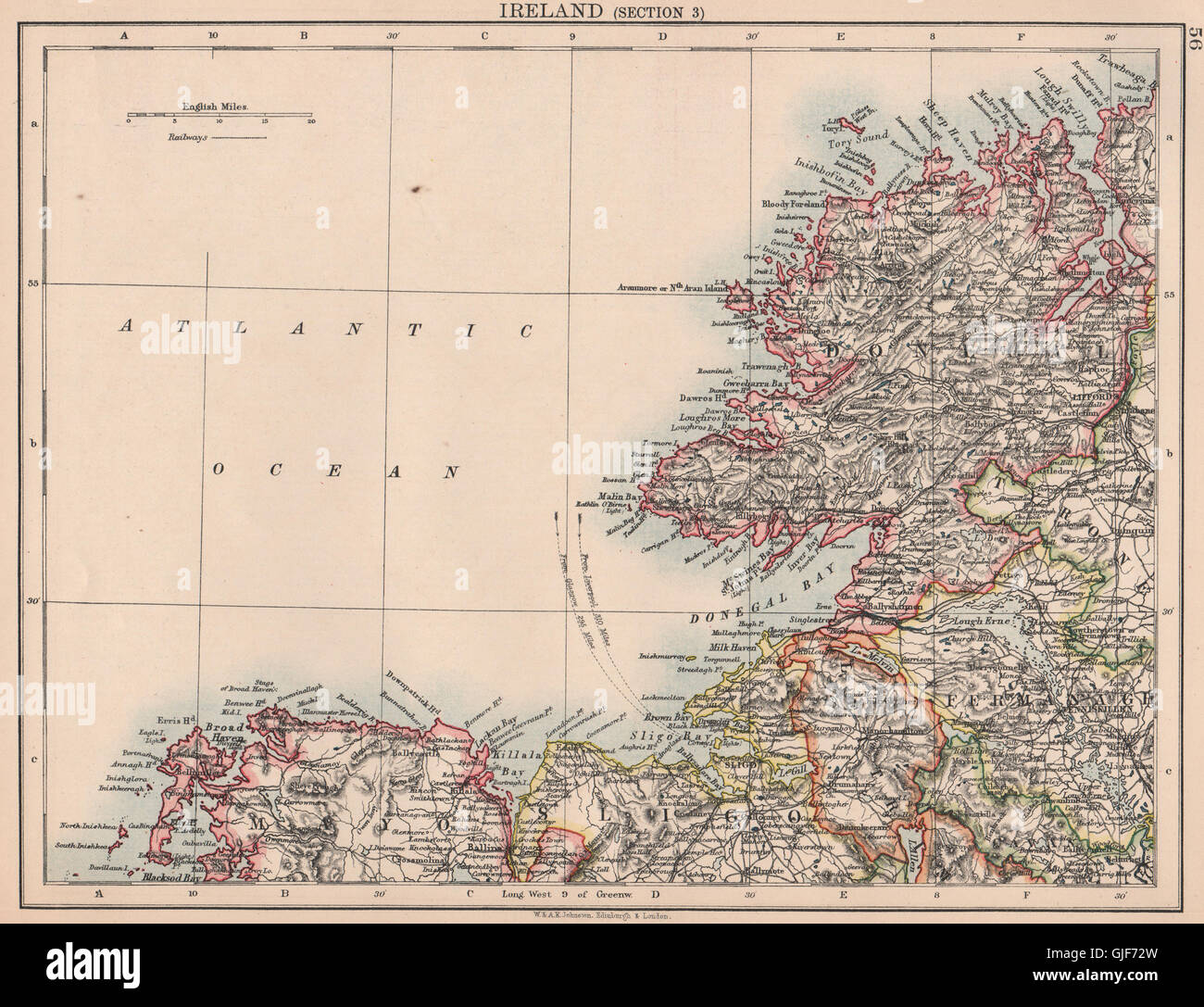 Map Of Donegal And Sligo Ireland North West Coast.donegal Mayo Sligo Leitrim Fermanagh.johnston,  1906 Map Stock Photo - Alamy
