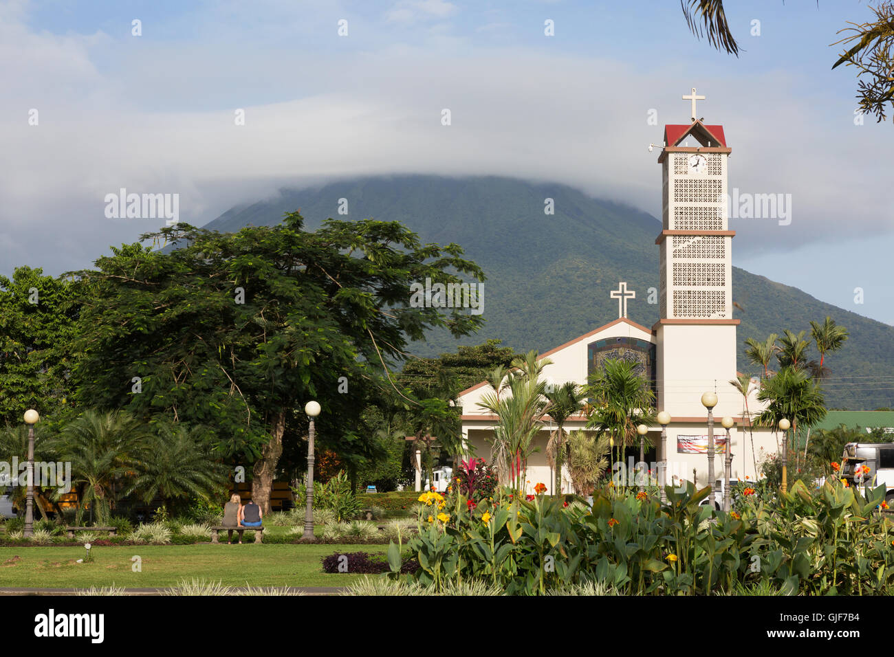 The church and Arenal Volcano, La Fortuna town, Alajuela province Costa Rica Stock Photo
