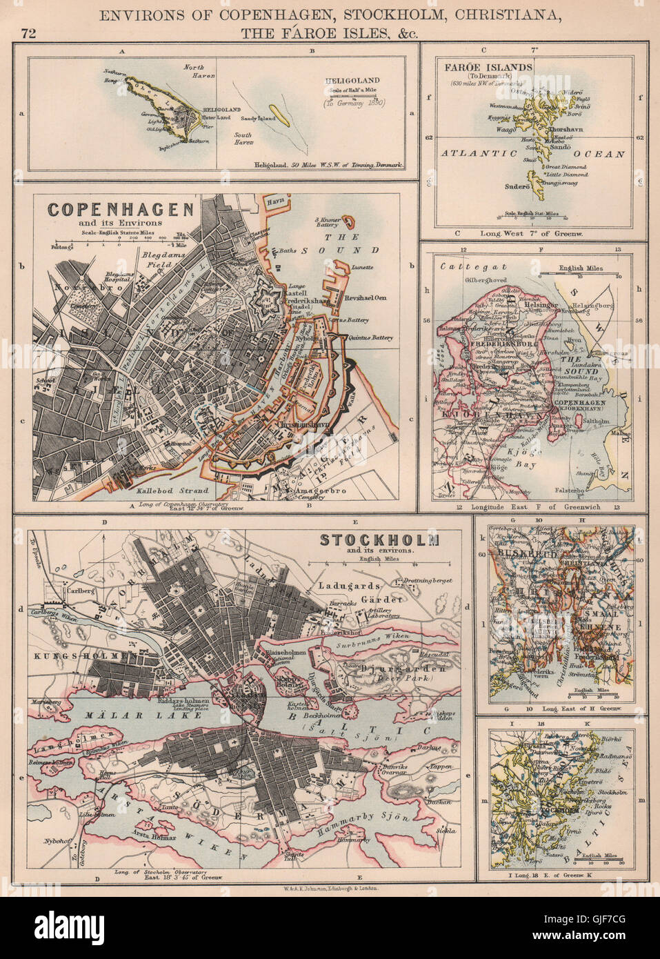 SCANDINAVIAN CITIES. Copenhagen Stockholm Christiania (Oslo) . JOHNSTON 1906 map Stock Photo