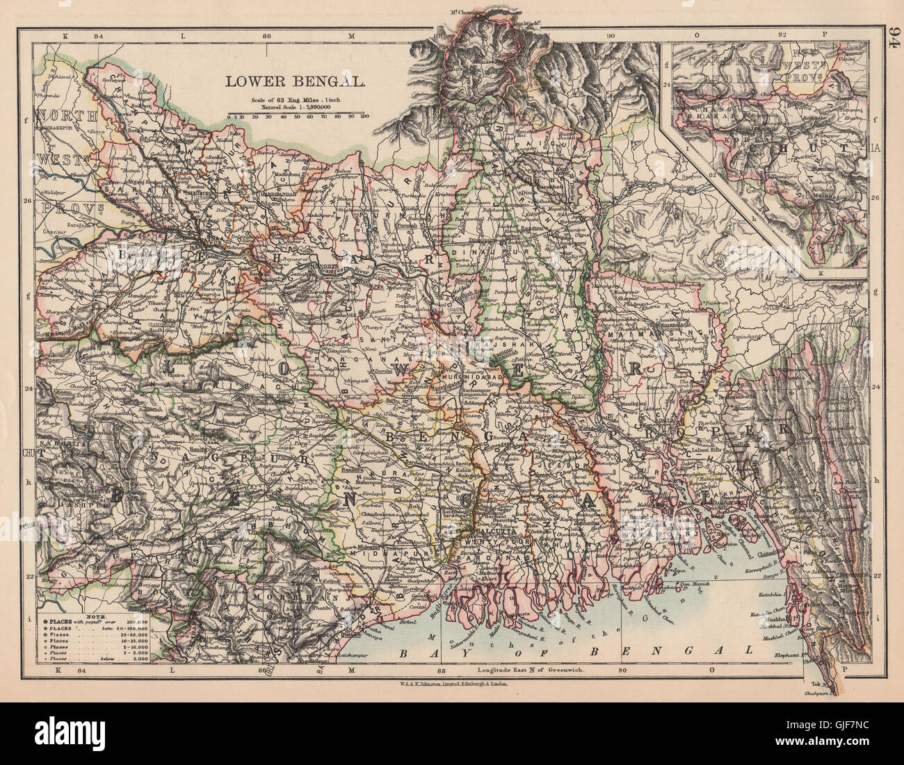 BRITISH INDIA NE.Lower Bengal.Nagpur Bihar Rajshah Sikkim Bardwan.Rail, 1906 map Stock Photo