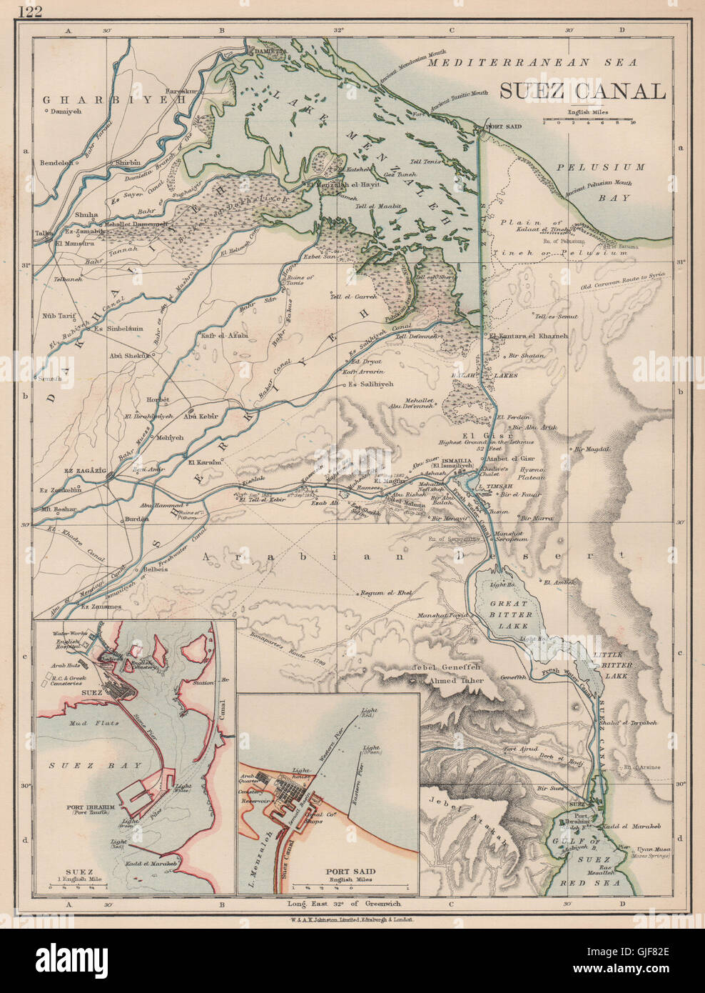 SUEZ CANAL. Plan. Inset Suez town & Port Said. JOHNSTON, 1906 antique map Stock Photo