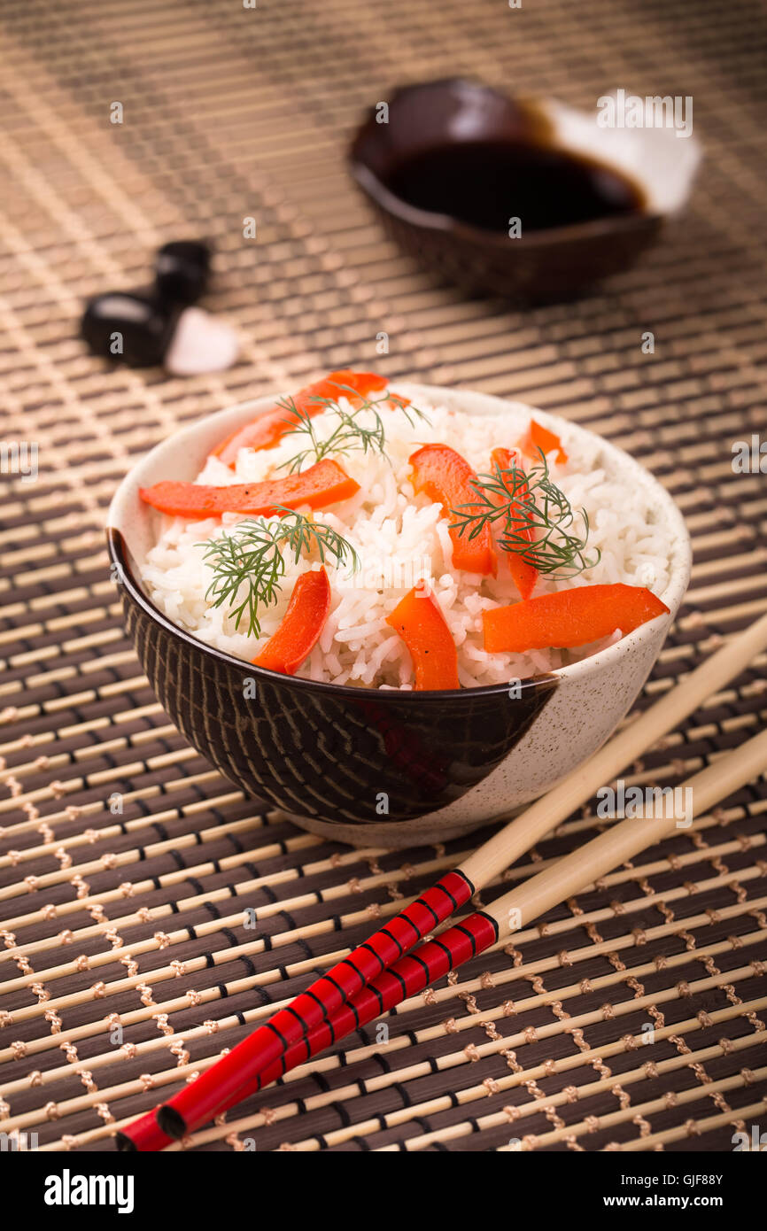 Bowl of rice and soy sauce Stock Photo Alamy