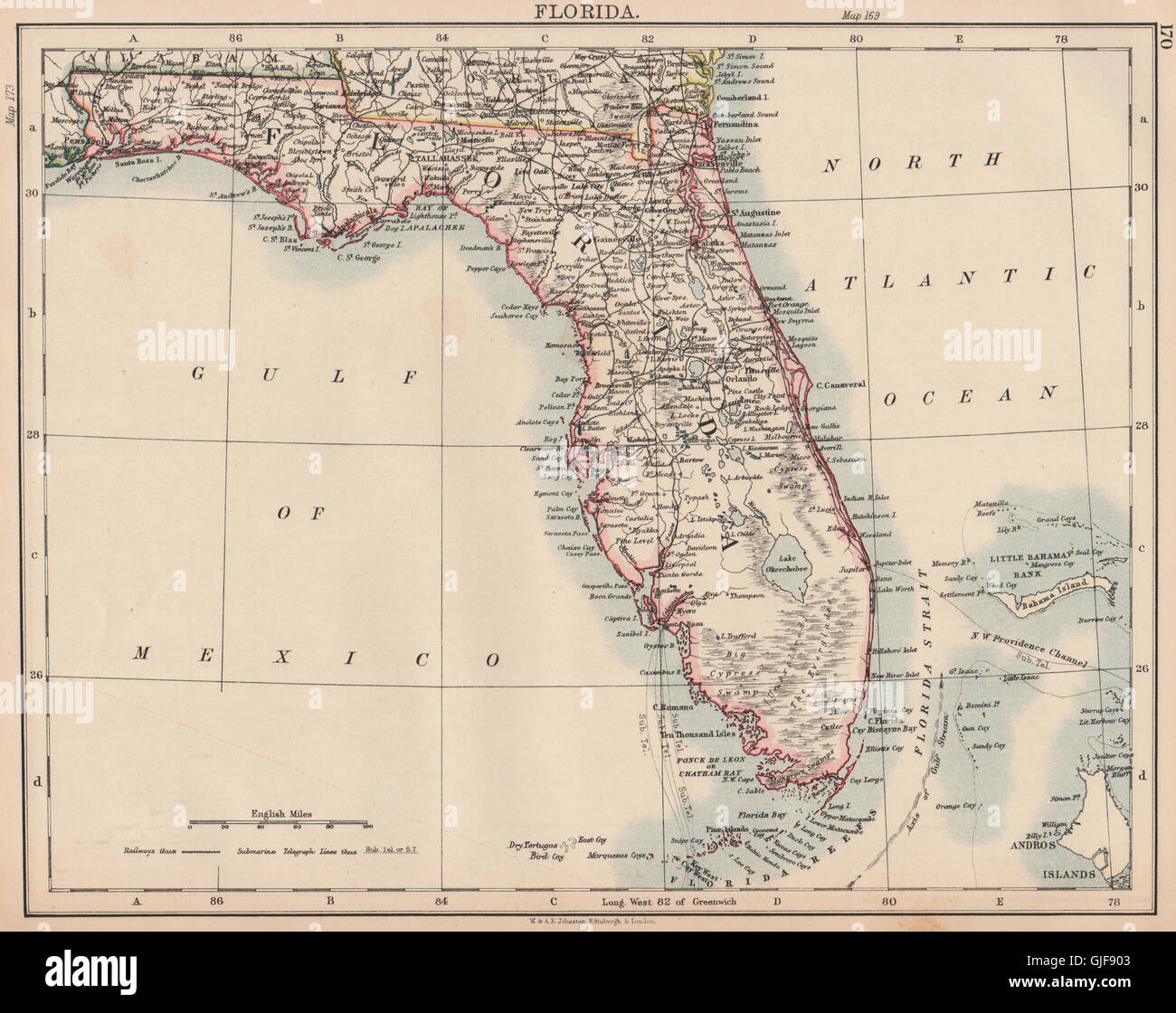 FLORIDA. State map. Shows Miami. Railroads. JOHNSTON, 1906 Stock Photo