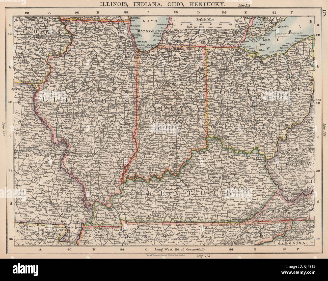 USA MIDWEST. Illinois Indiana Ohio Kentucky. Railroads. JOHNSTON, 1906 old map Stock Photo