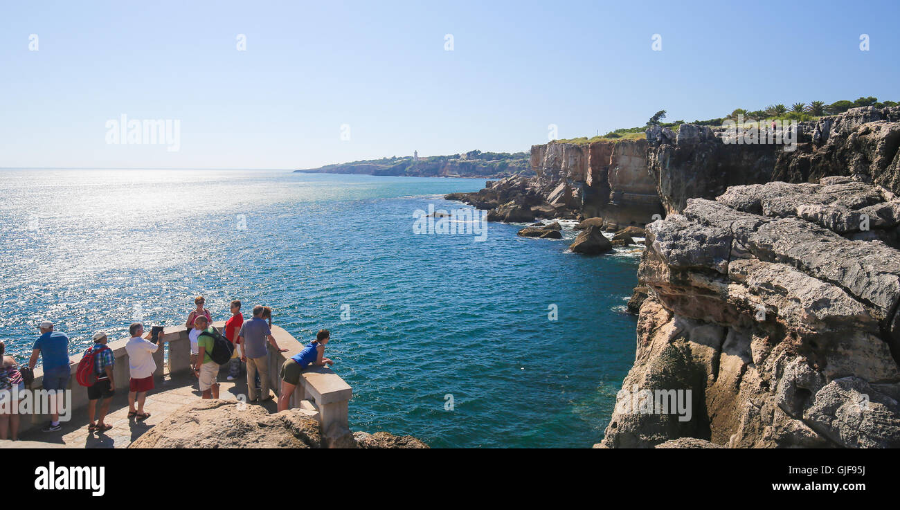 CASCAIS, PORTUGAL - JULY 15, 2016: Boca do Inferno (Portuguese for Hell's Mouth) is a chasm located in the seaside cliffs close  Stock Photo