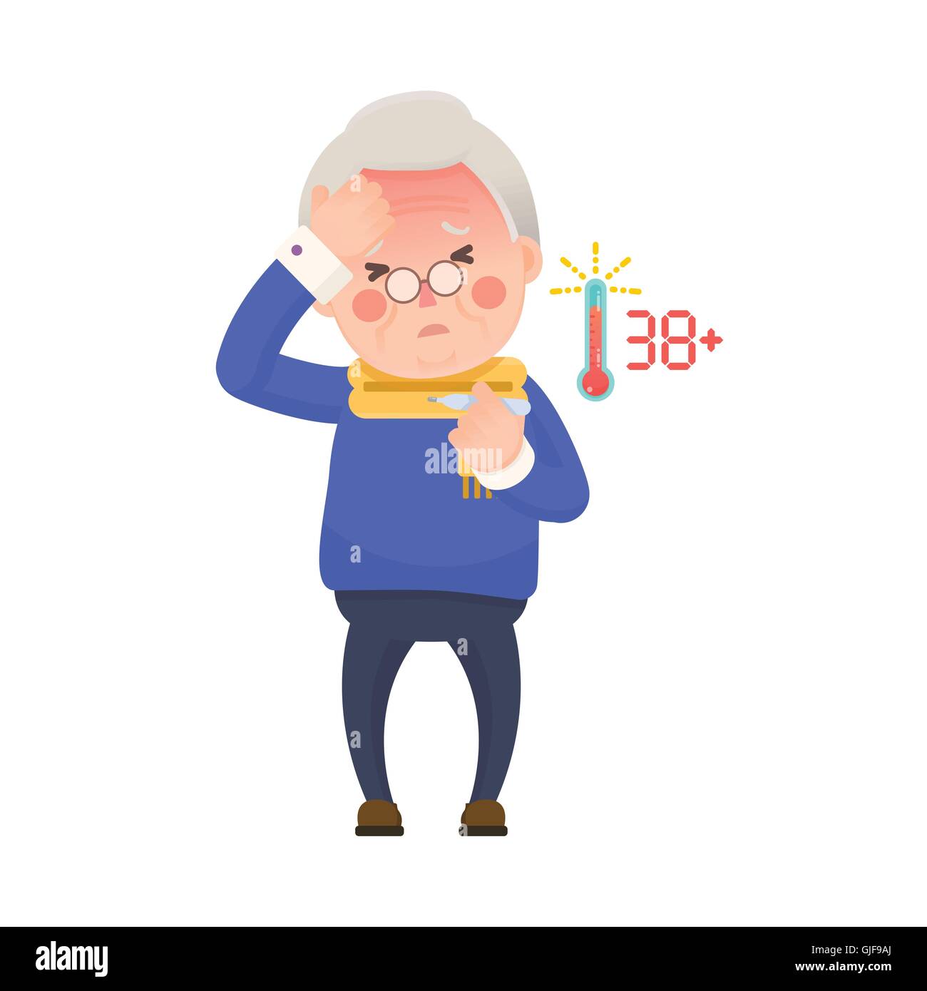 Vector Illustration of Sick Old Man Suffering from a Fever and Checking His Temperature on a Thermometer while Clutching at His Stock Vector