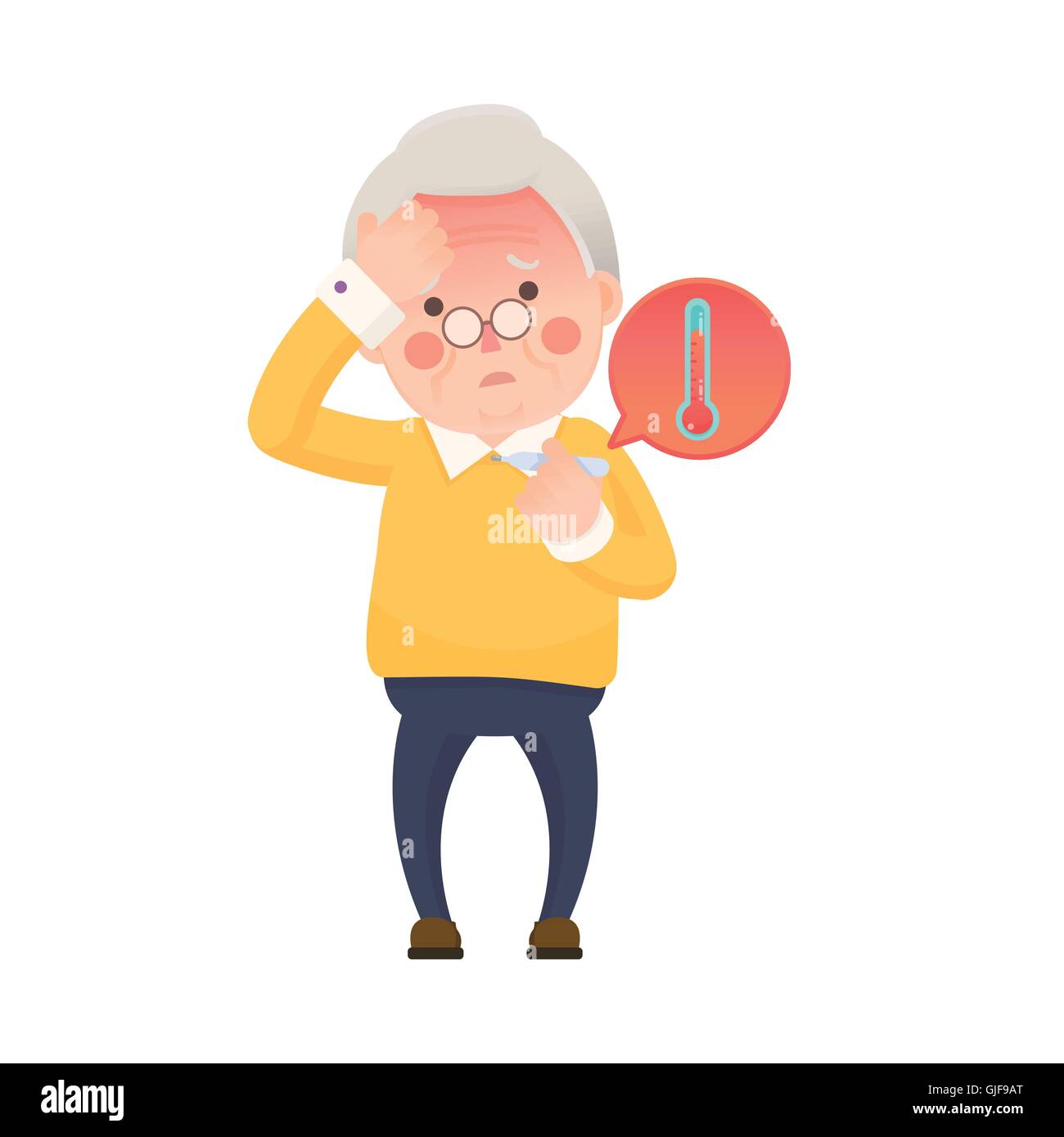 Vector Illustration of Sick Old Man Suffering from a Fever and Checking His Temperature on a Thermometer while Clutching at His Stock Vector