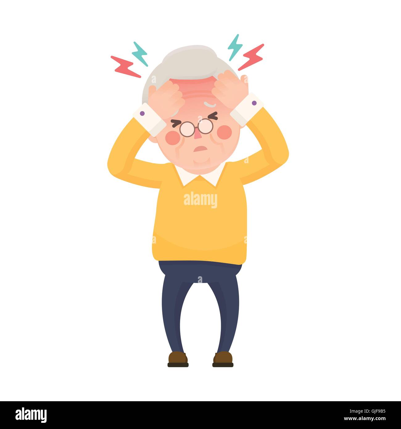 Vector Illustration of Sick Old Man Suffering from a Headache and High Temperature Holding Head in Hands. Cartoon Character. Stock Vector