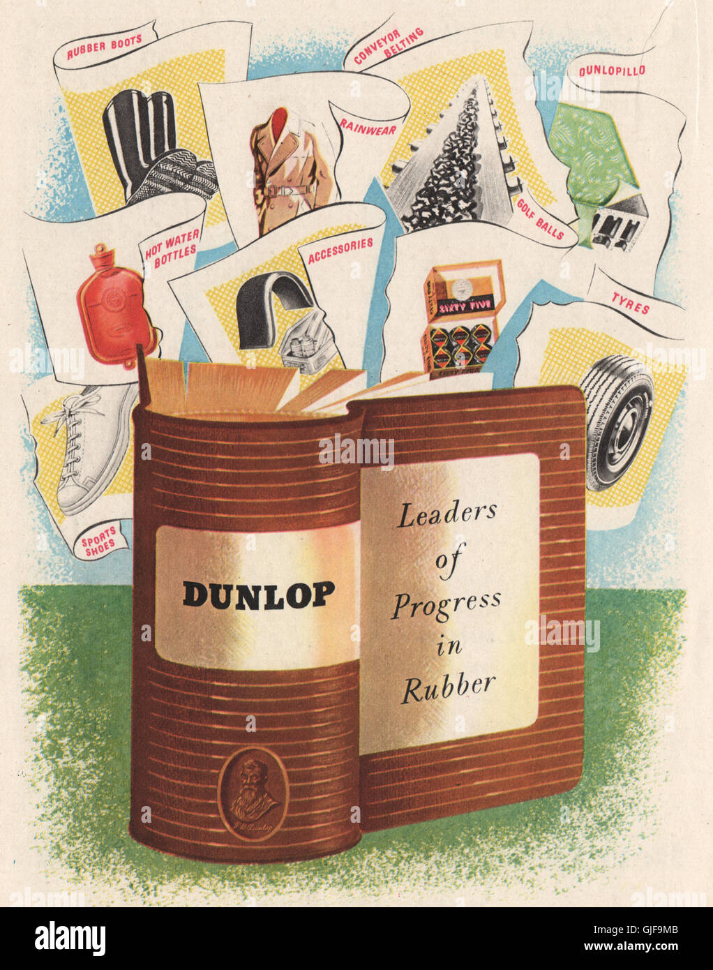 DUNLOP ADVERT. Dunlop Rubber Co. Ltd. Tyres boots shoes golf balls, print 1951 Stock Photo