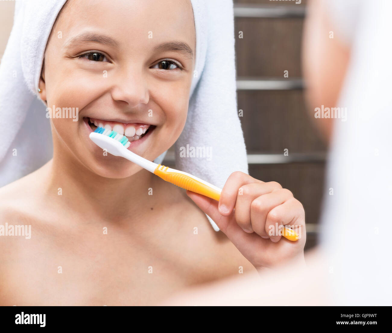 Little girl brushing teeth Stock Photo