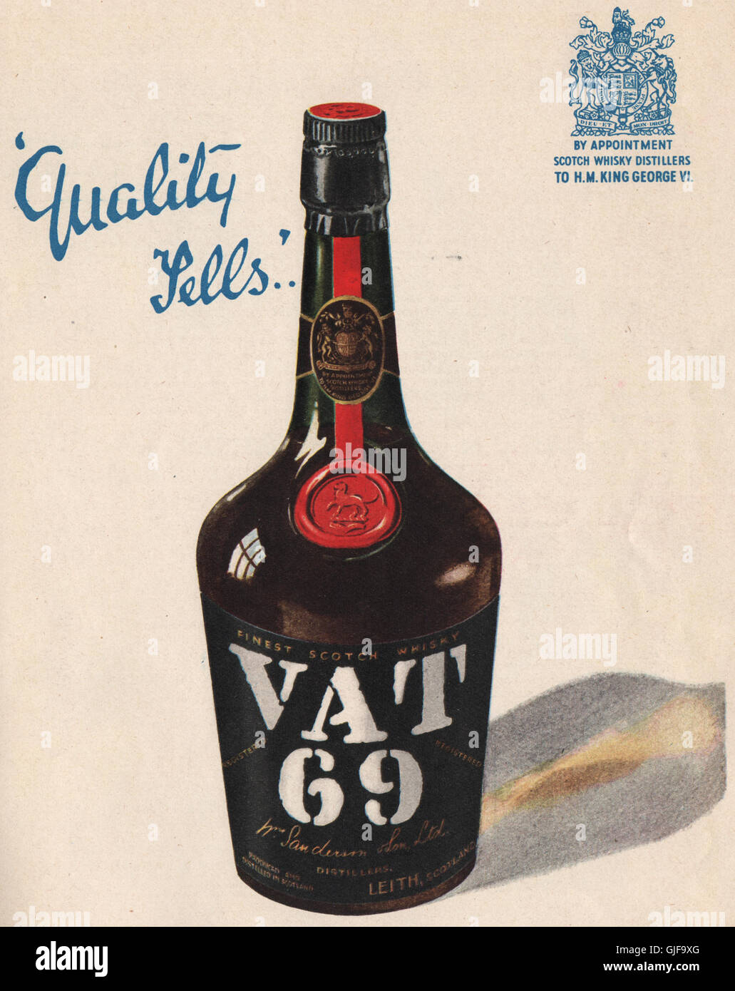 WHISKY ADVERT. VAT 69 Scotch Whisky. 'Quality tells', vintage print 1951 Stock Photo