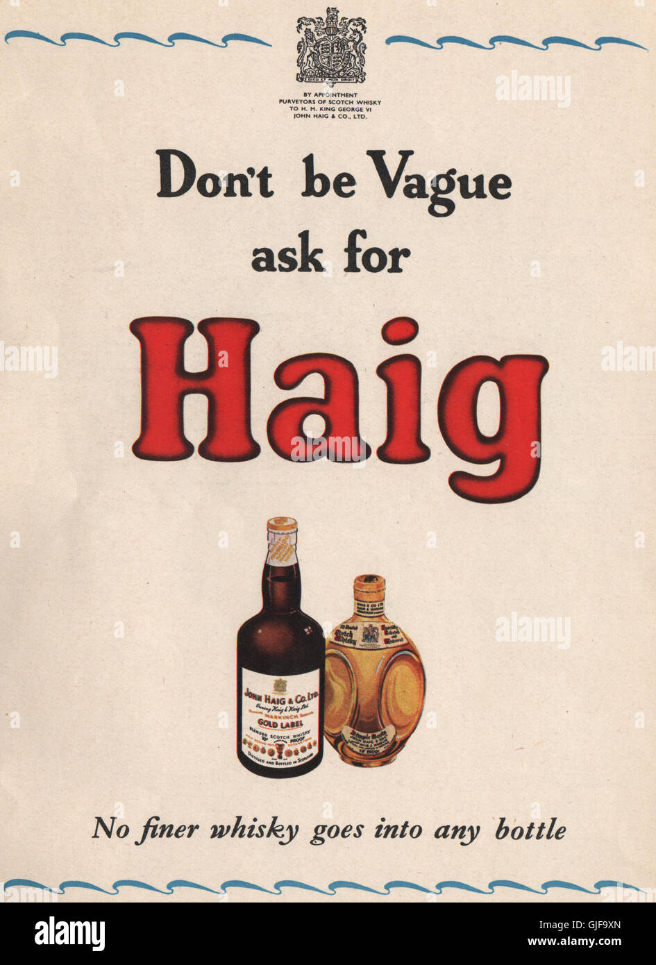 WHISKY ADVERT. John Haig & Co. Ltd. "Don't be vague, ask for a Haig", 1951 Stock Photo
