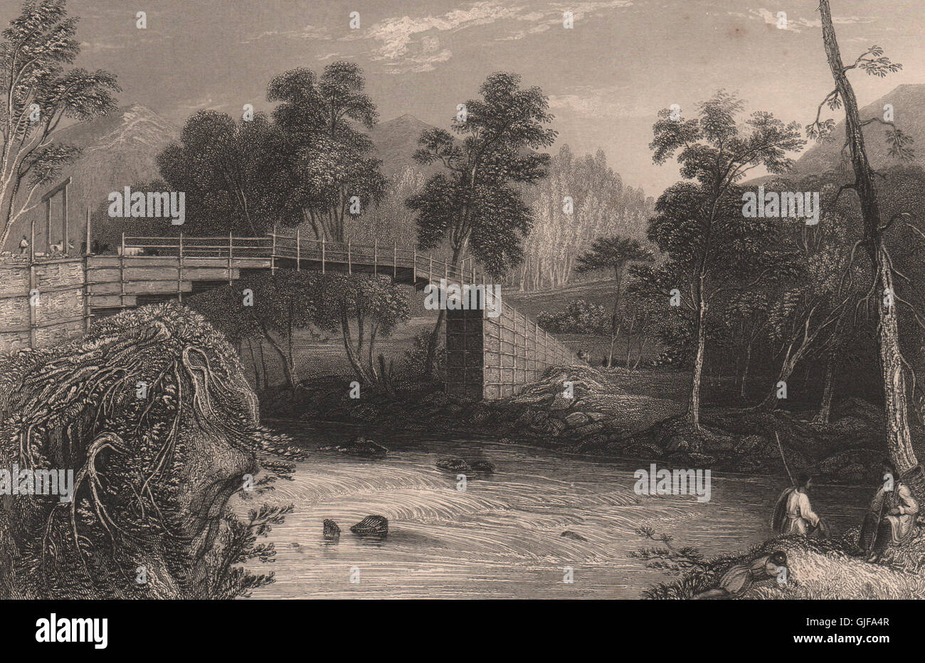 BRITISH INDIA. Bridge at Barkot. FINDEN, antique print 1858 Stock Photo