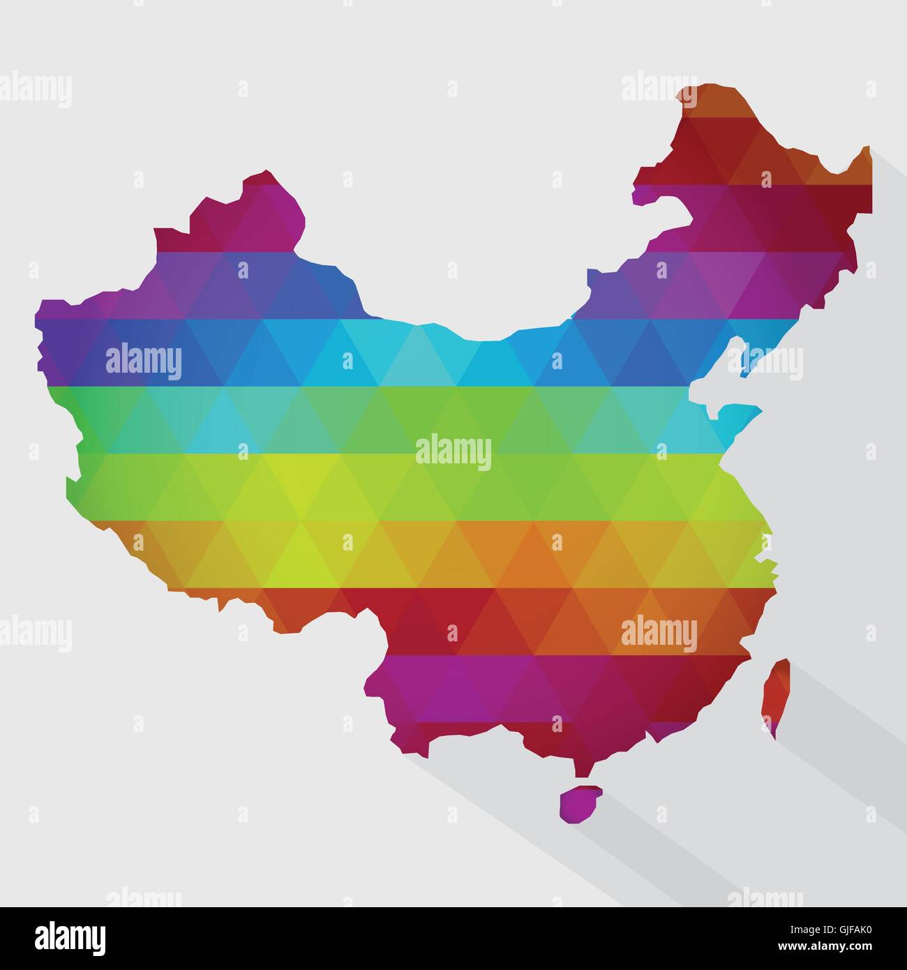 Map of China with colored geometric shapes, triangles, forming the colors of the rainbow. With long shadow. Stock Vector