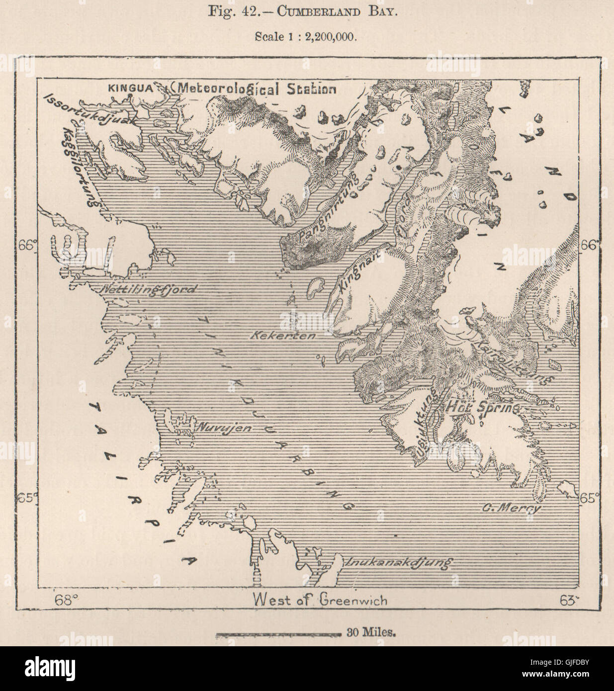 Cumberland Sound, Baffin Island, Canada. Canadian Arctic Archipelago, 1885 map Stock Photo