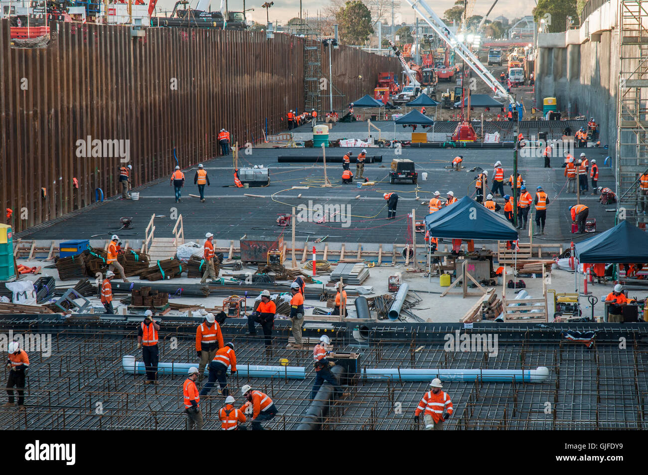Construction works underway to remove level crossings on suburban railway lines, Melbourne, Australia Stock Photo