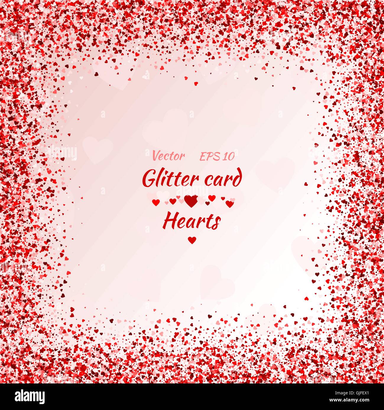 Vector card with shimmer. Greeting card with hearts. Red sparkle. Shimmer. Shiny card. Red sparkles. Frame of hearts. Border. Stock Vector