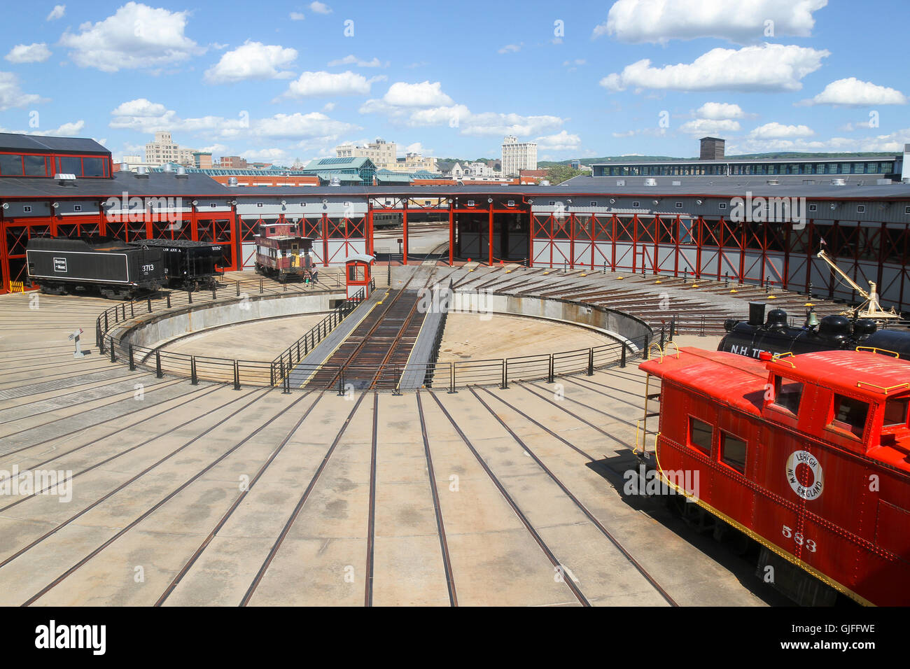 Looking down from the second floor of the museum to the turntable switch yard, Steamtown National Historic Site, Scranton Stock Photo