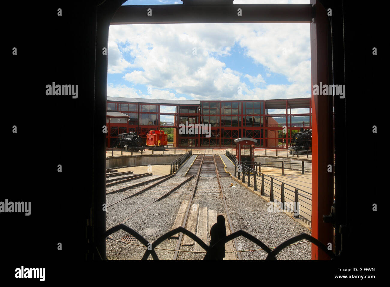 Looking out towards the switchyard at the conclusion of the Scranton Limited train ride, Steamtown, Scranton Stock Photo