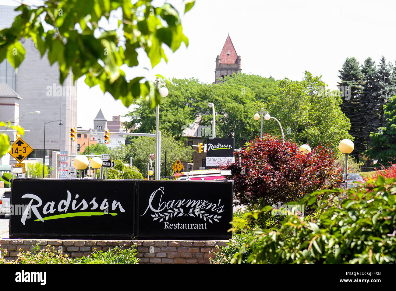 Sign for Radisson Lackawanna Station Hotel and Carmen's Restaurant