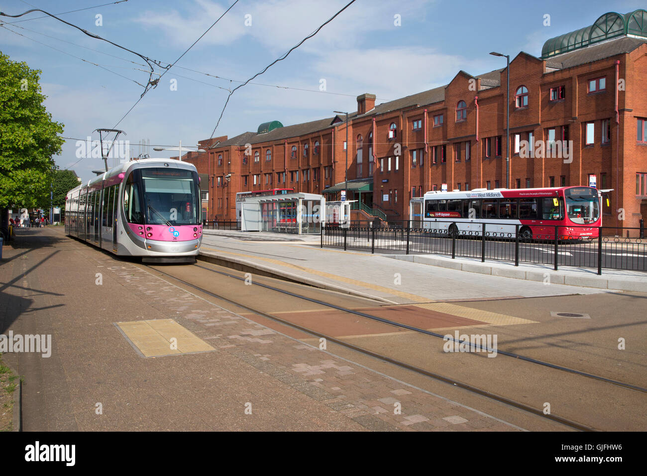 Tram at the Wolverhampton St George's tram stop on Bilston Street in Wolverhampton, England Stock Photo