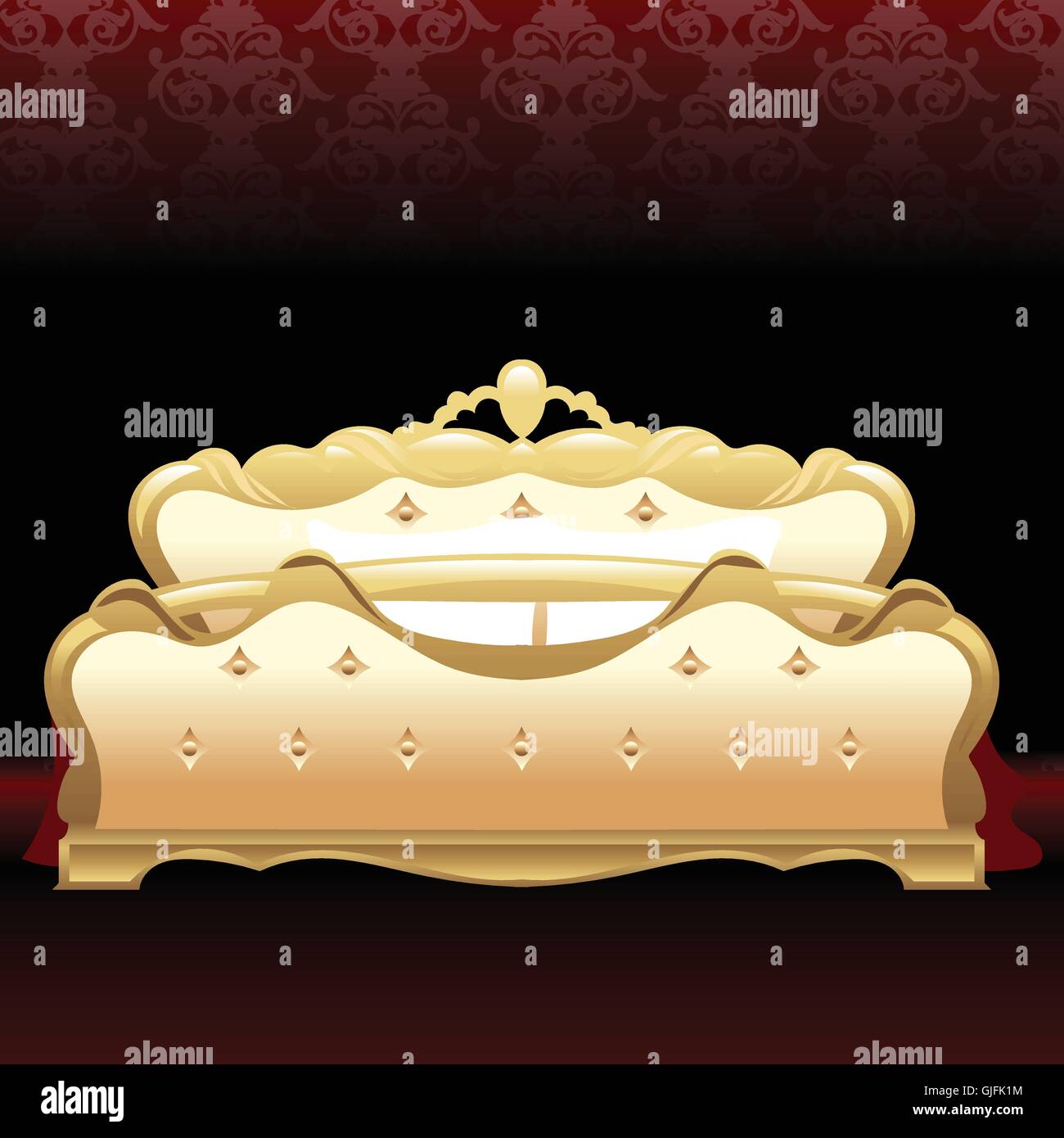 Golden royal bed, flat style over red background. Digital vector image Stock Vector