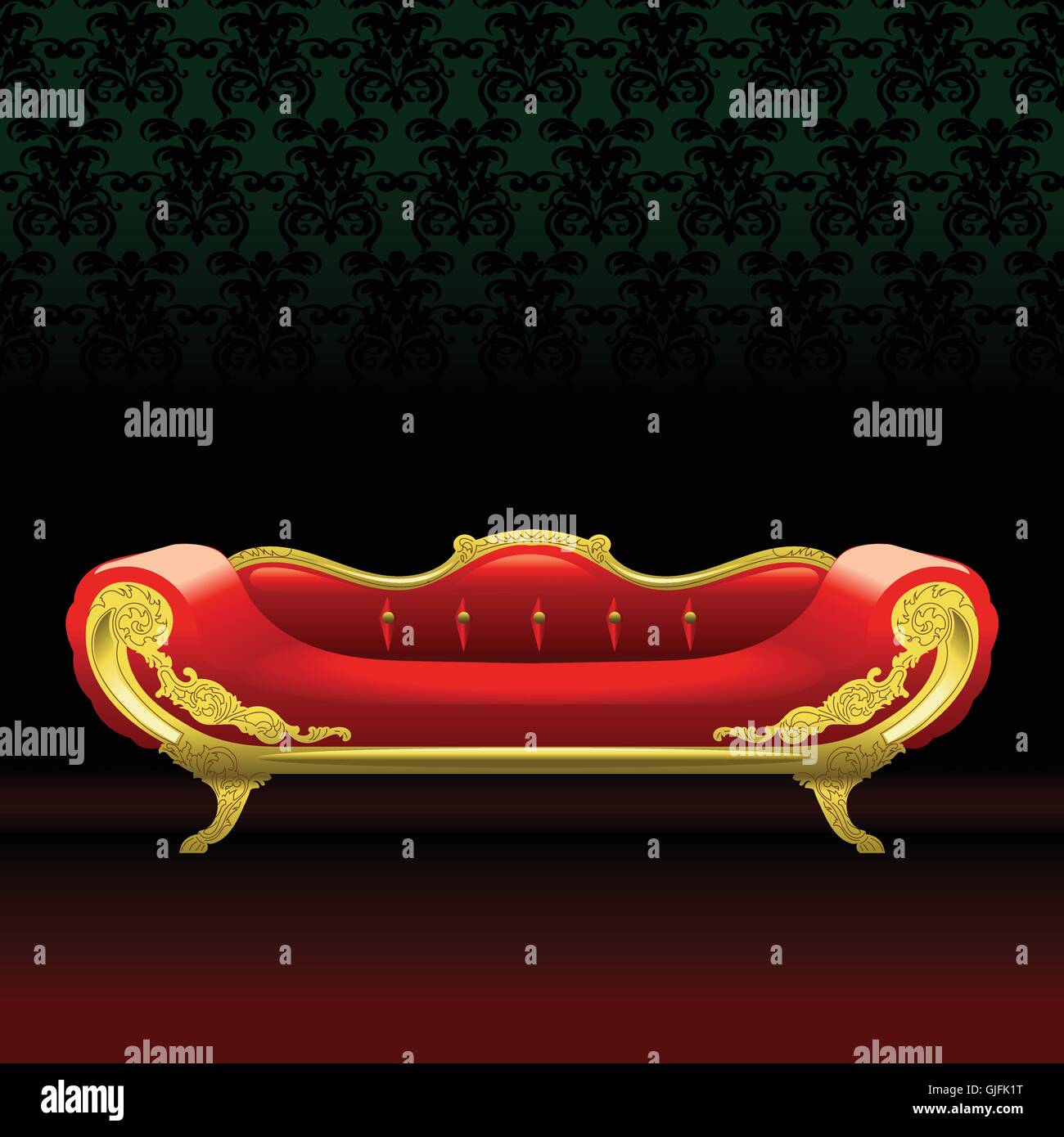 Royal red bed, flat style over green background. Digital vector image Stock Vector