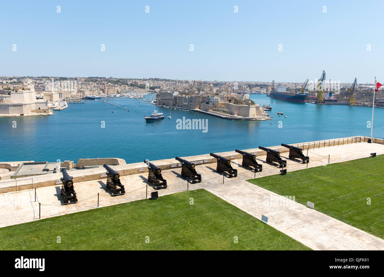A row of canons on the Saluting Battery over looking the Grand Harbour o the Island of Malta