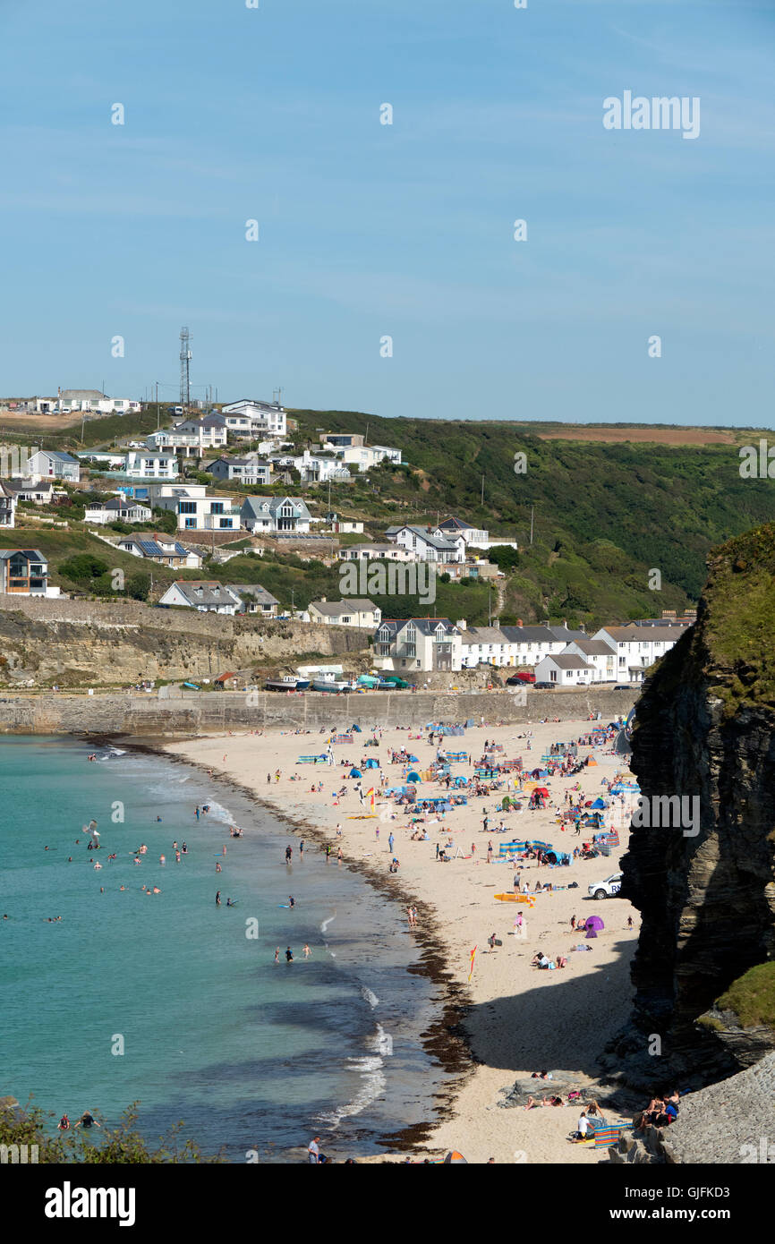 Portreath beach shore near high tide in Cornwall England. Looking down from a hill on a sunny summers day. Stock Photo