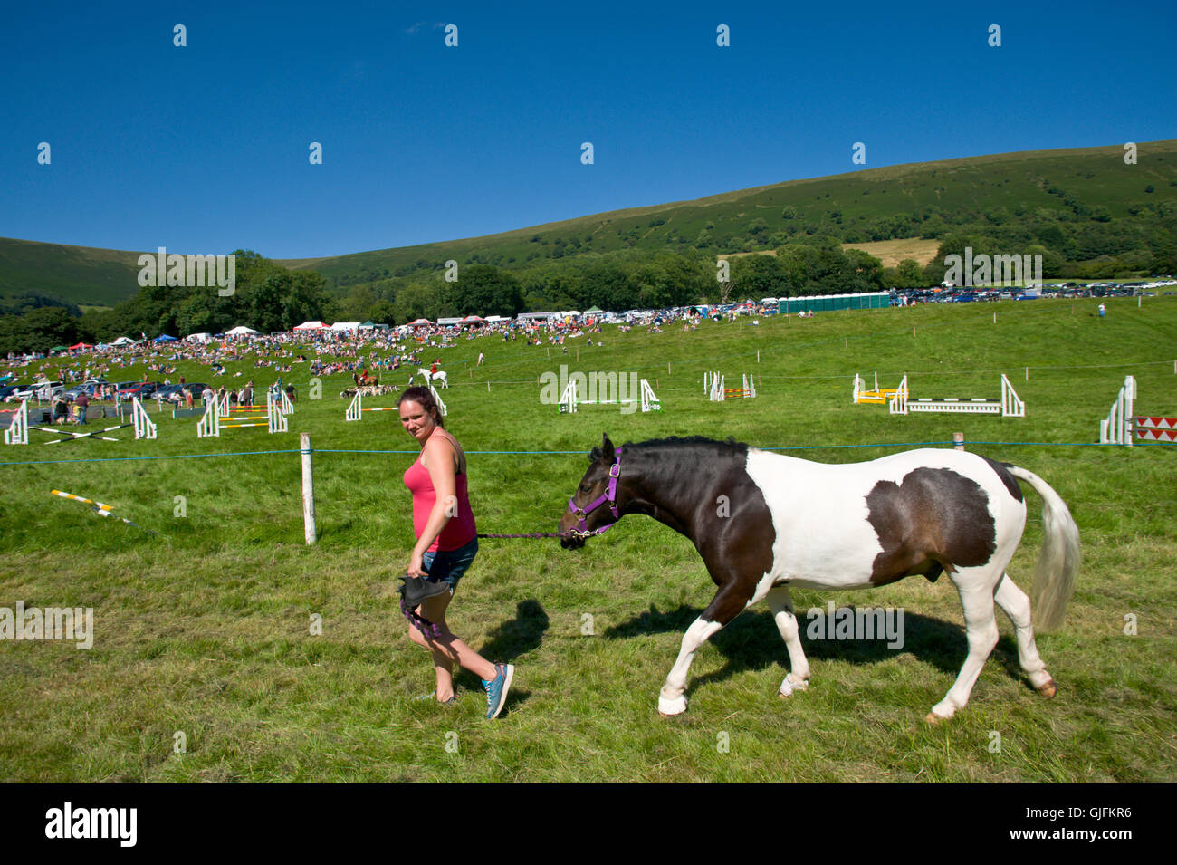 Woman leading horse at Llanthony Show in the Black Mountains near Abergavenny Monmouthshire South Wales UK Stock Photo