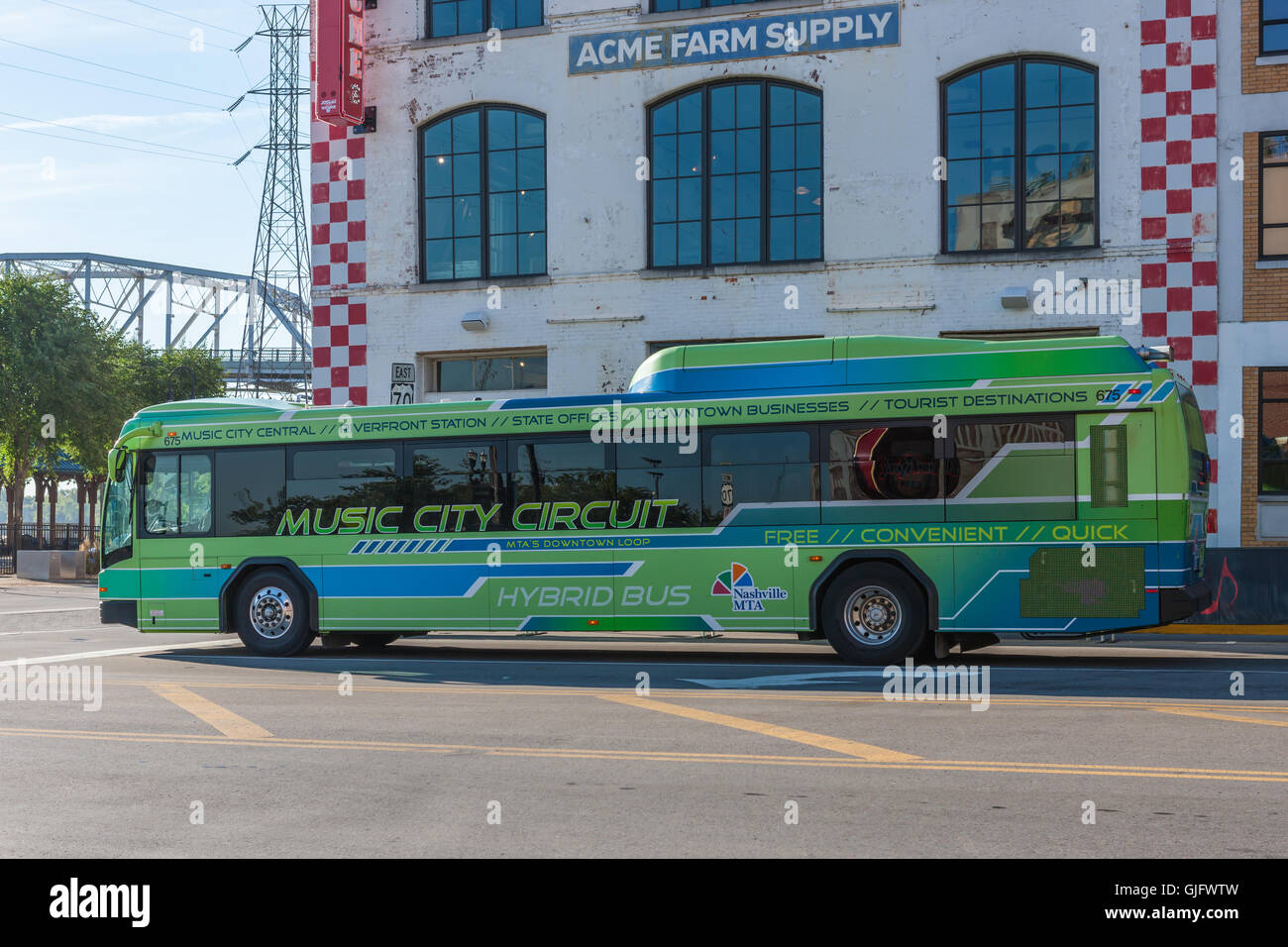A free Music City Circuit circulator bus in the Honky Tonk District of Nashville, Tennessee. Stock Photo