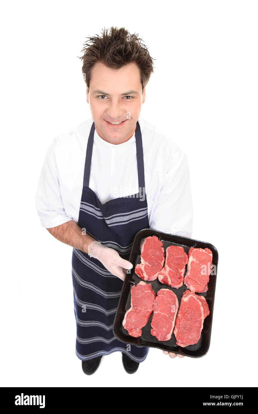 Butcher with fresh meat Stock Photo Alamy