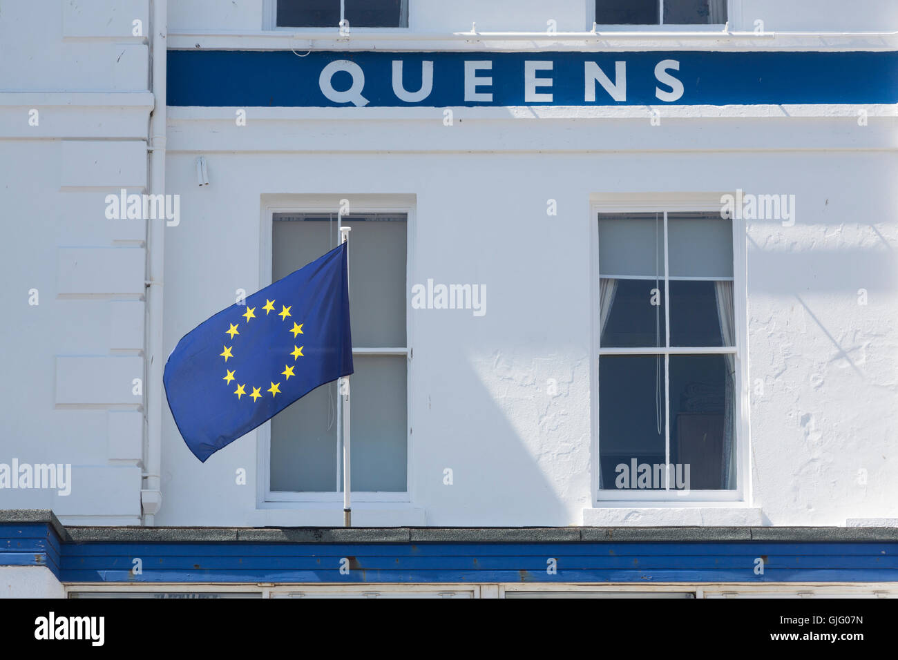 EU flag in front of the Queens Hotel in Penzance, Cornwall, UK. Stock Photo