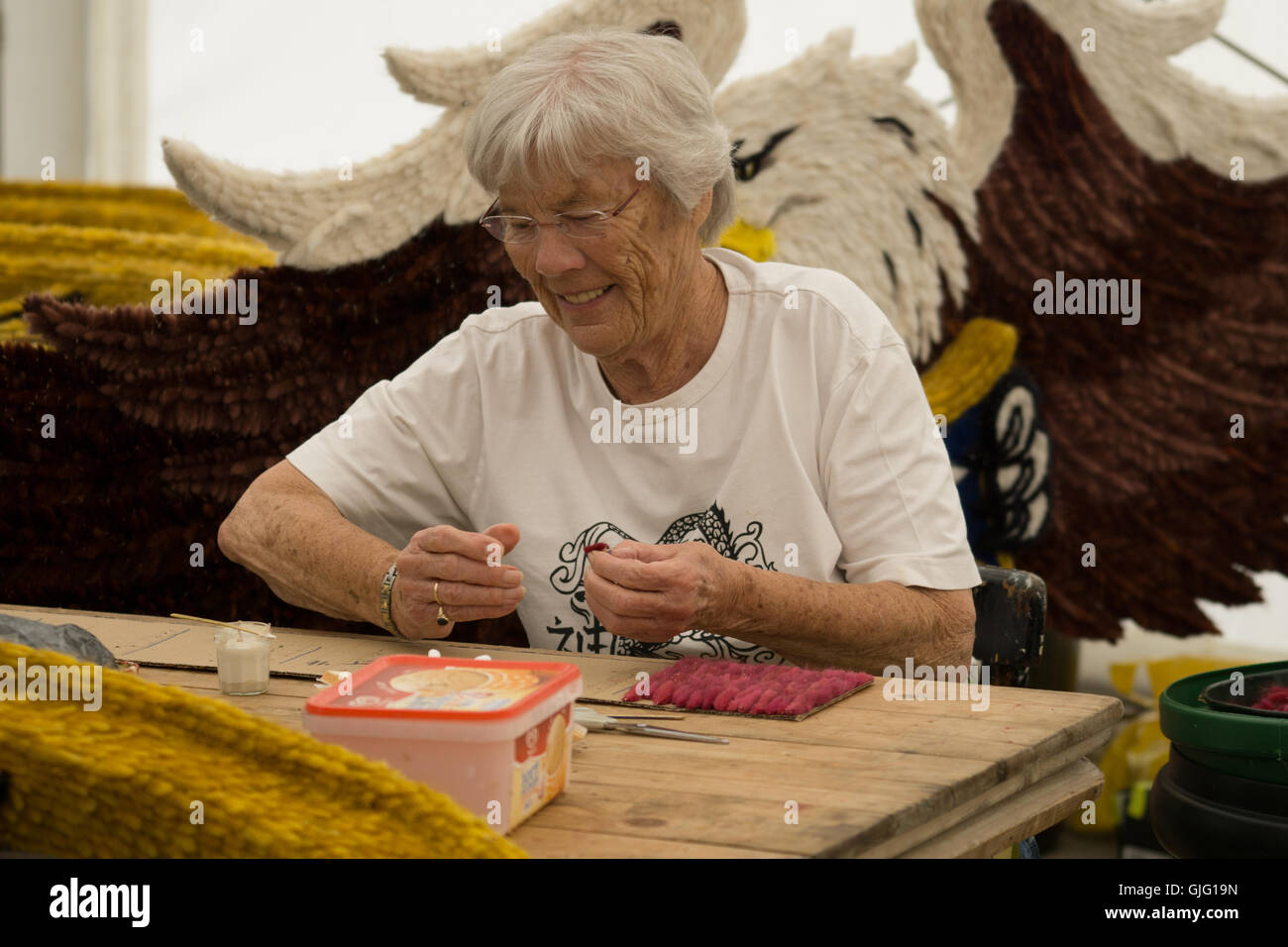 Preparation of floral floats for the annual Battle of Flowers,Jersey