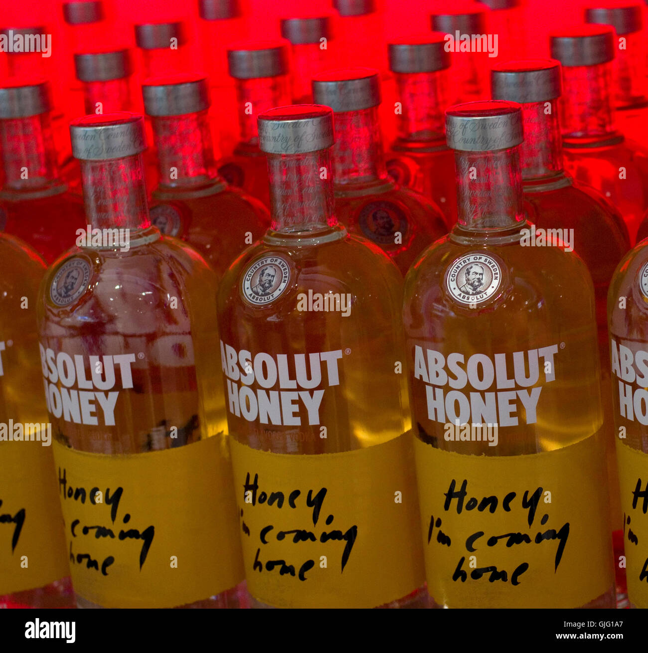 Rows of Absolut Vodka, Honey flavoured. Stock Photo