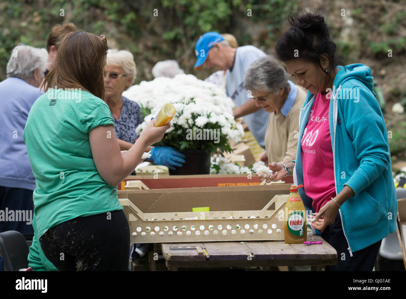 Preparation of floral floats for the annual Battle of Flowers,Jersey