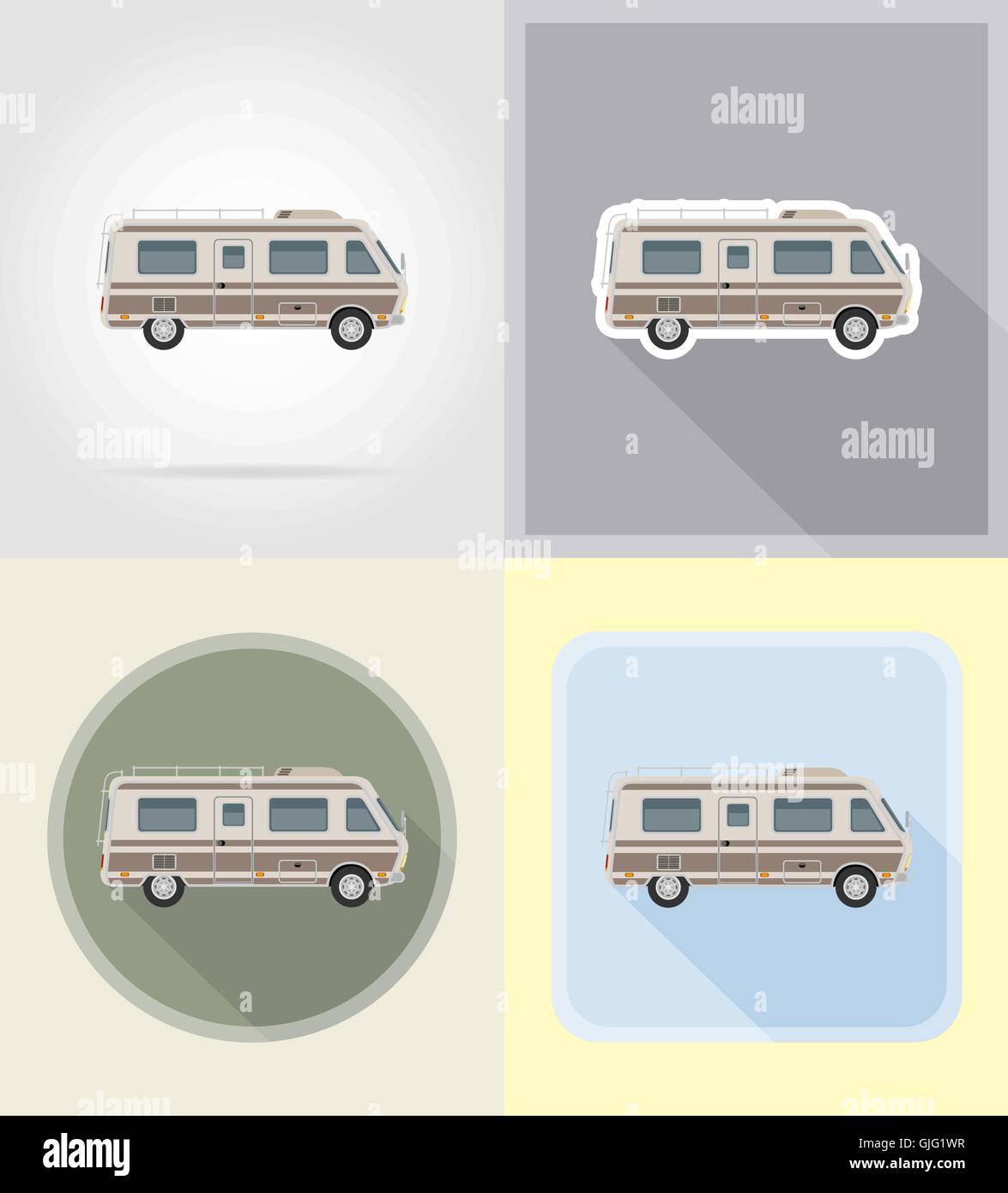car van caravan camper mobile home flat icons vector illustration ...