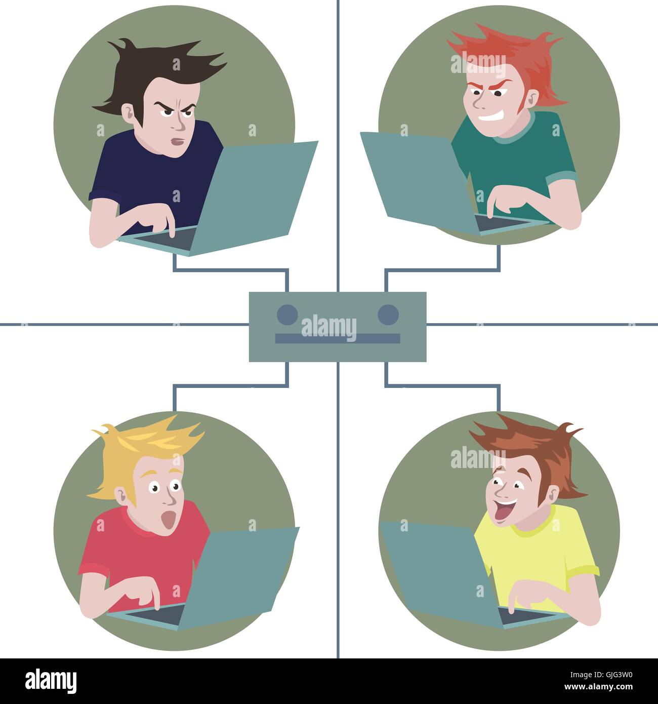 social network cartoon - funny illustration of group of emotional people connected with net Stock Vector