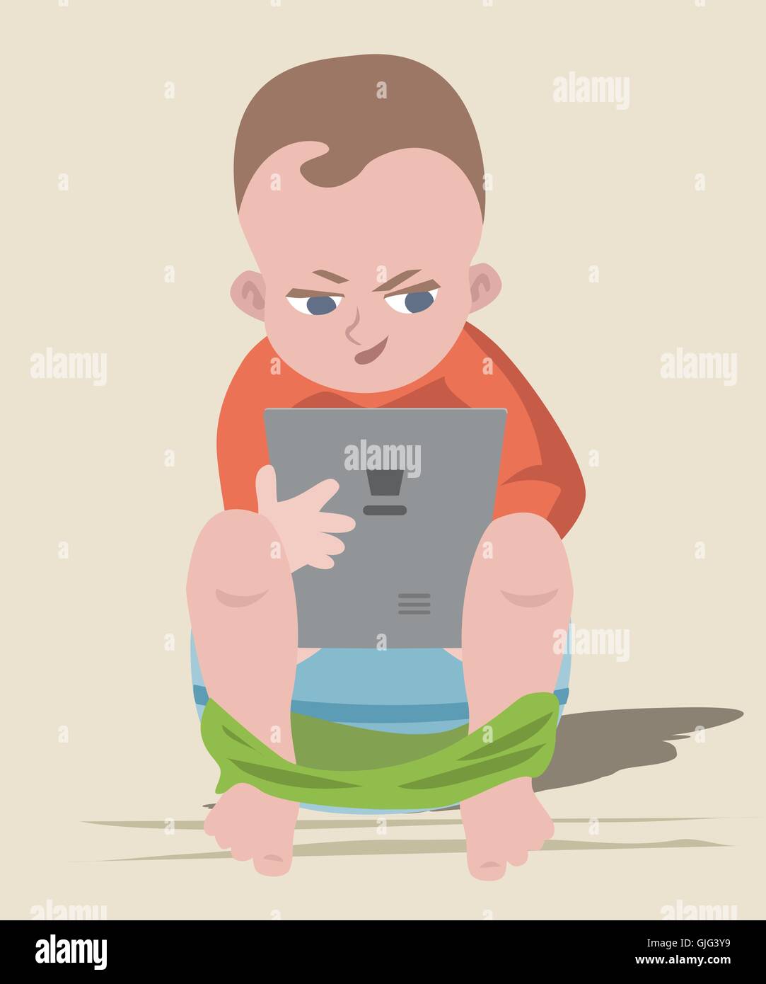 baby boy sitting on chamber pot with tablet - funny cartoon illustration Stock Vector