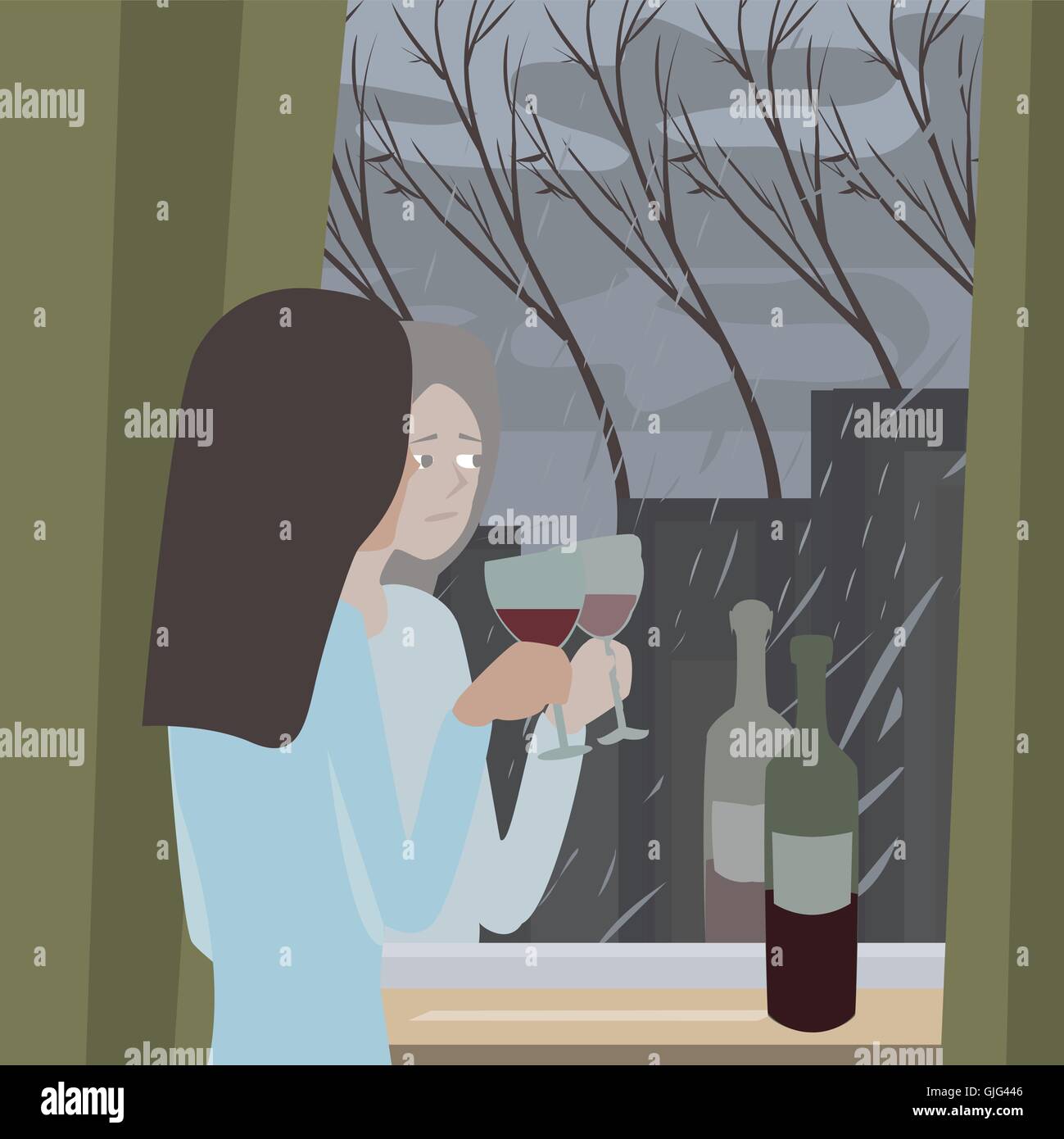 season depression cartoon illustration with woman looking at rain through window Stock Vector