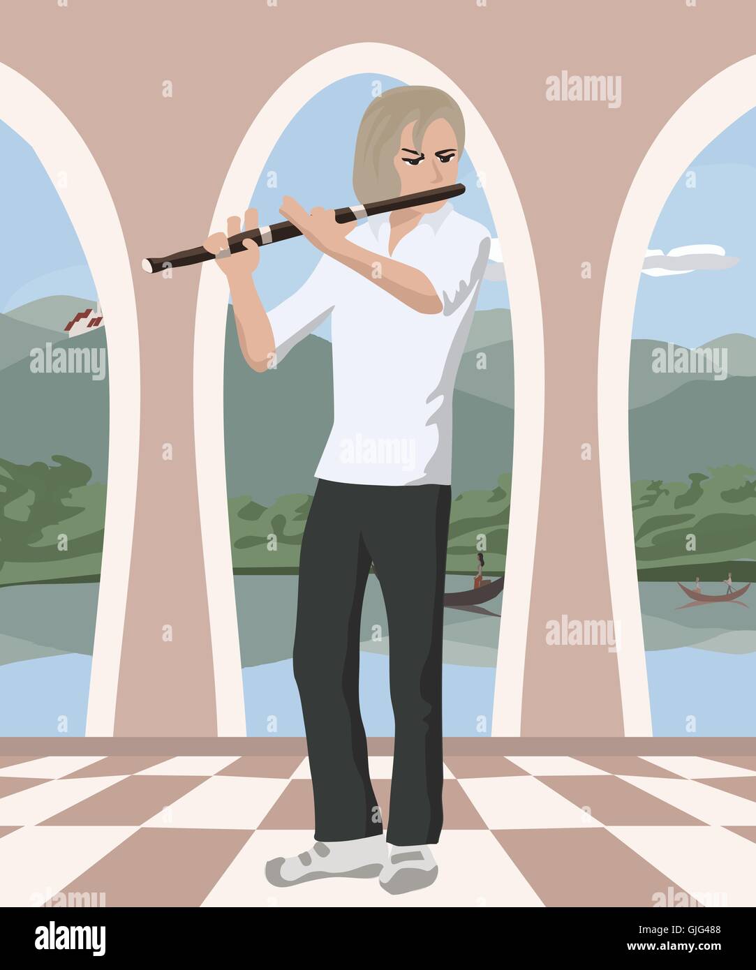 man playing flute at romantic hall - cute vector illustration Stock Vector