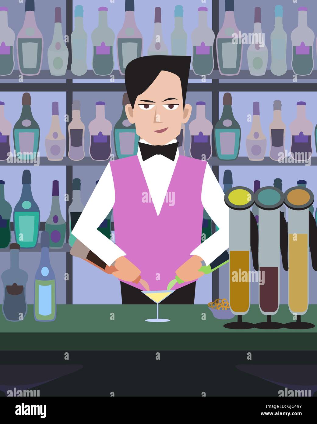 barman serves drinks at bar - cartoon colorful illustration Stock Vector