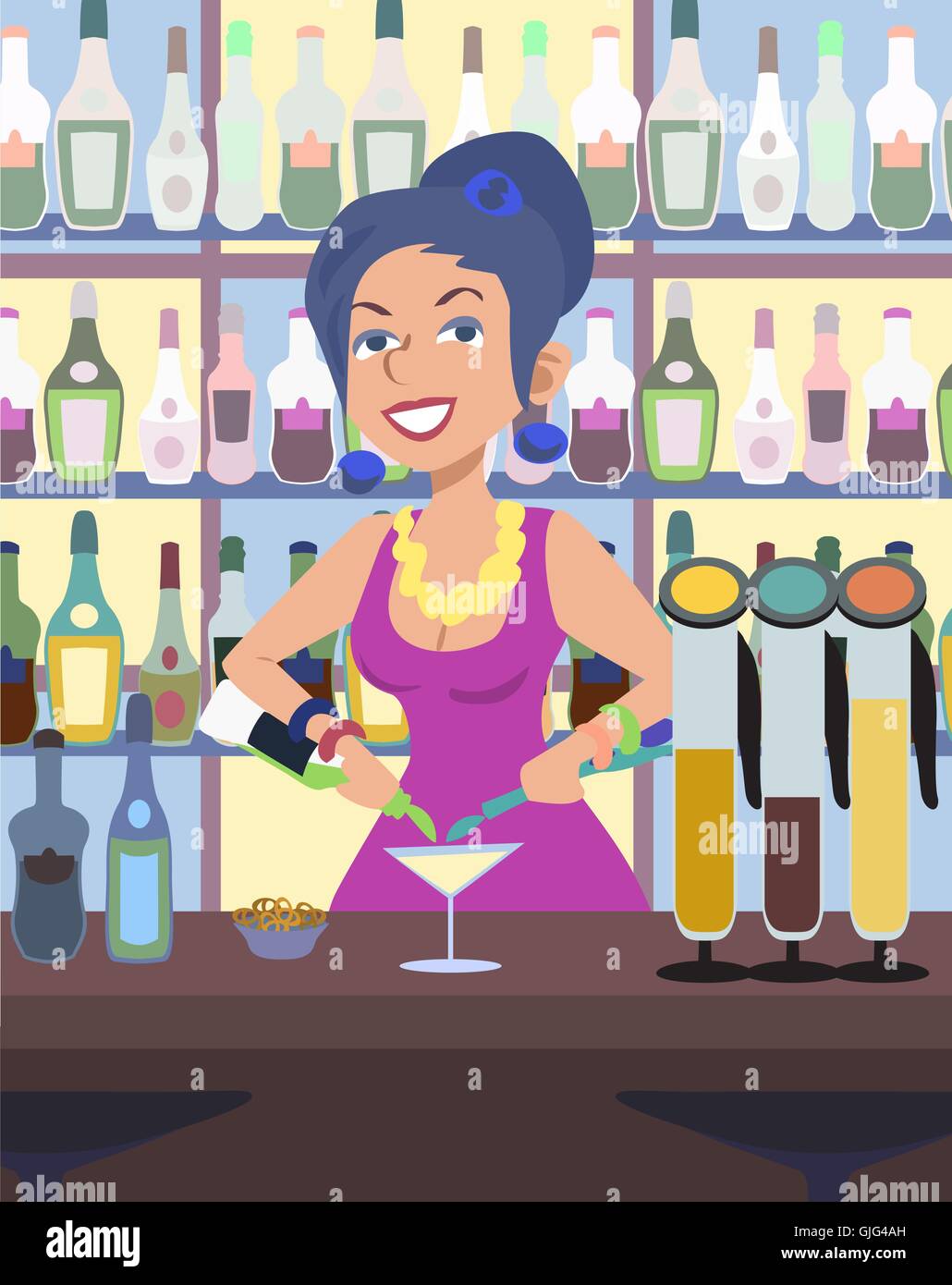 humorous cartoon image of bar-woman serves drinks at a bar Stock Vector