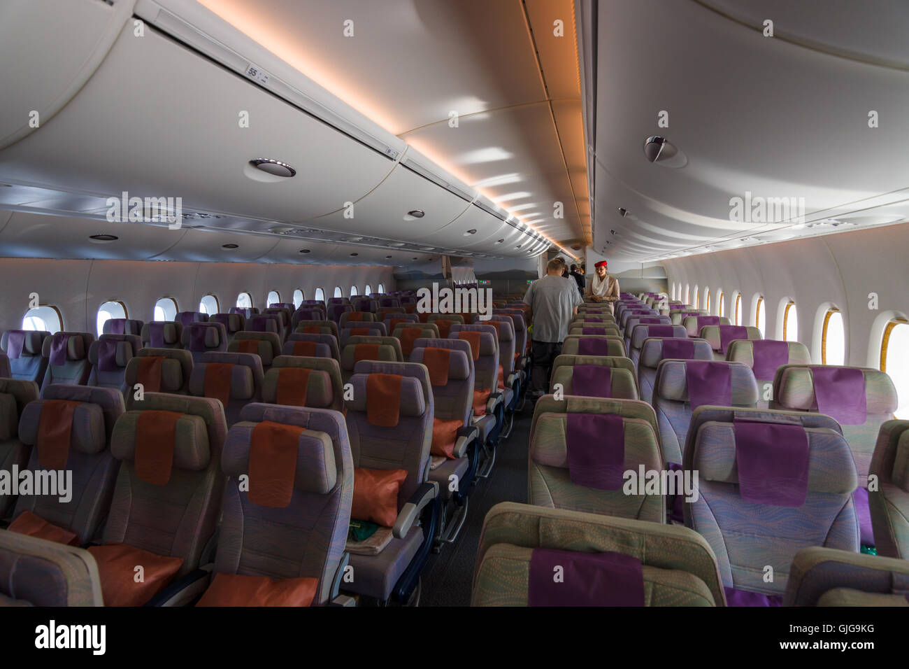 Interior of an economy class of the world's largest aircraft Airbus A380.  Emirates Airline Stock Photo - Alamy